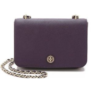 NWT Tory Burch Robinson Shoulder Bag Purple Iris Leather Gold Adjustable Purse